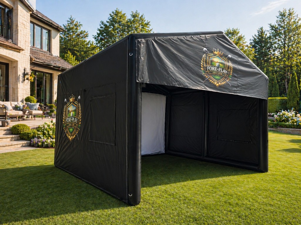 Fore-Play Golf branded black inflatable simulator side angle on lawn with projection screen inside.